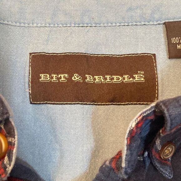 Bit & Bridle Navy Red Plaid Long Sleeve Button Up Shirt Men Size Medium - Picture 2 of 11